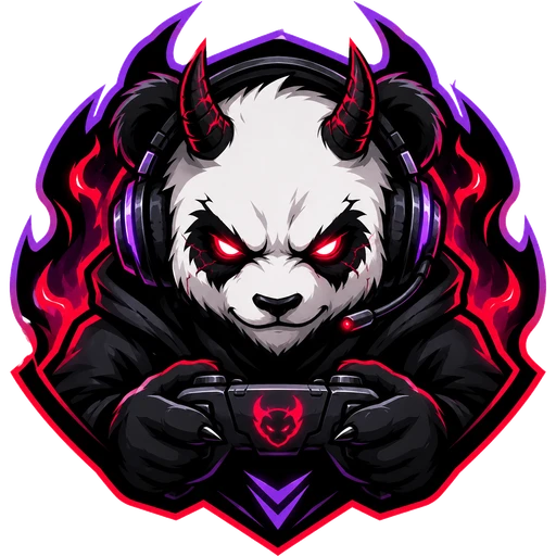 Logo de KroziX : panda démoniaque casqué, aux yeux rouges et cornes flamboyantes, manette en main